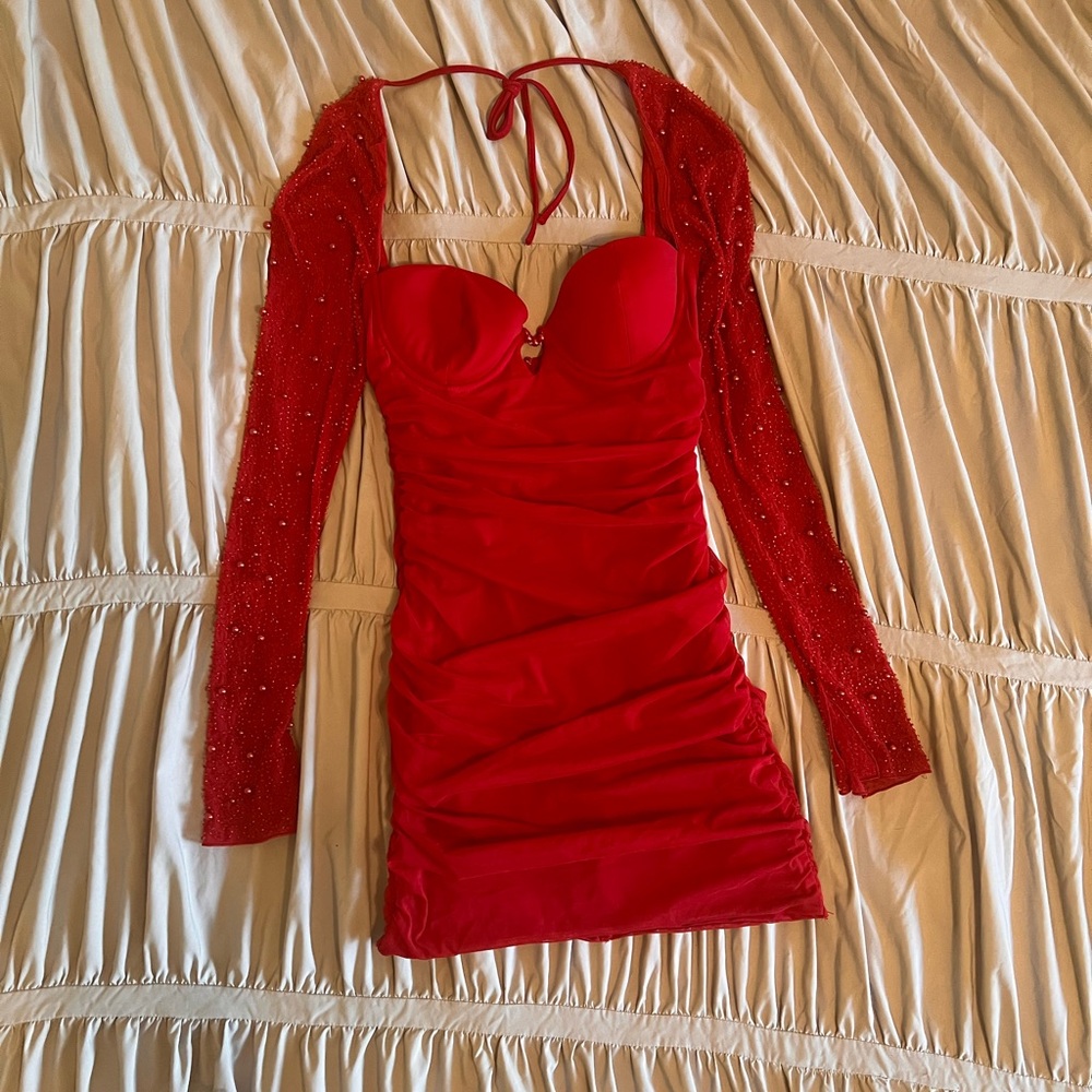 Oh Polly Red Ruched Mini Dress with Beaded Sheer Sleeves